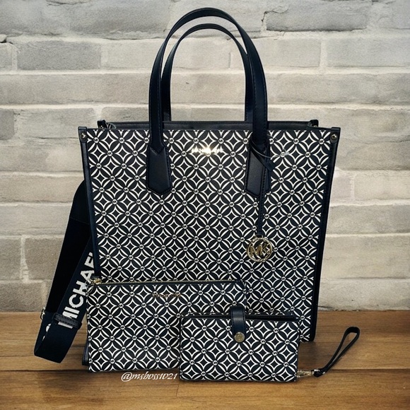 Michael Kors Maple LG Tote + Wallet + Wristlet in Black/Cream Multi NWT